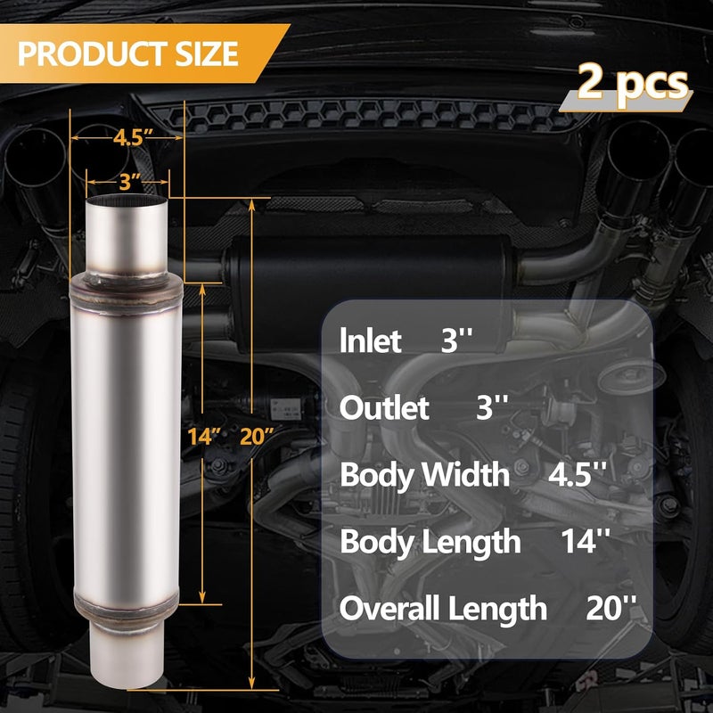Piclafe 3 Inch Exhaust Muffler, 3" Inlet/Outlet 20" Overall Length Resonator, Stainless Steel Straight Through Design Performance Muffler, 2 PCS - Image 2
